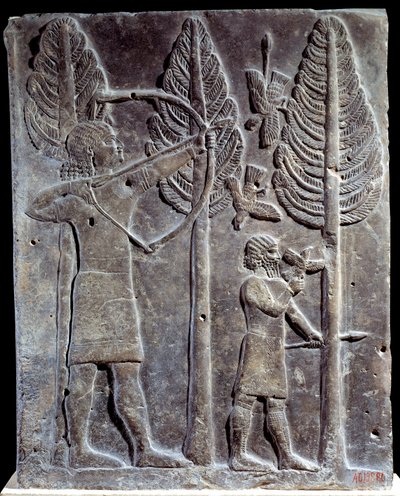 Fågeljaktsscen. Lågrelief i albaster från Palace of Sargon II eller Sharroukin, kung av Assyrien till Khorsabad (Khunsabad) (Mesopotamien), Irak. 722-705 f.Kr. Paris. Louvren av Mesopotamian Mesopotamian