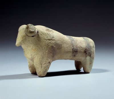Medopotamie: tjurstatyett i terrakotta med målade remsor. Obeidperioden (5000-4000 f.Kr.) 4700-4200 f.Kr. Paris, Louvren av Mesopotamian Mesopotamian