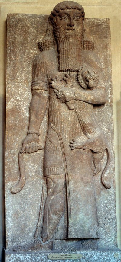 Mesopotamien: "" Staty av Sargon som bemästrar ett lejon""" sa "" Gilgamesh"" Court Khorsabad (Khunsabad) 800-talet. Paris, Louvren av Mesopotamian Mesopotamian