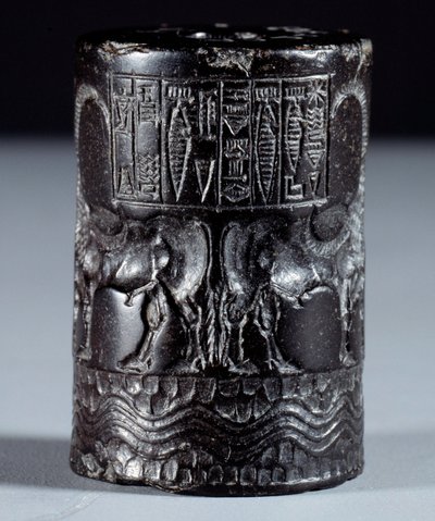 Mesopotamien: cylindrisk sigill i svart marmor i namnet av den gudomliga Sharkali-Sharri (Shakalisharri), kungen av Agade pryder med hjältar som vattnar buffel. 2300 f.Kr. Paris, Louvren av Mesopotamian Mesopotamian