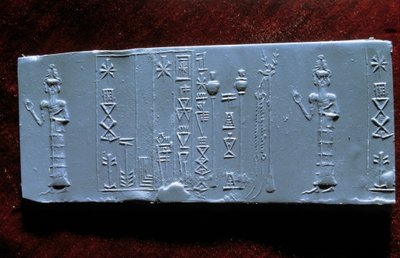 Orientalisk konst: sigill av läkaren Ur-Lugal (Ur Lugal, 3:e årtusendet f.Kr.), antik från Asien. Louvren av Mesopotamian Mesopotamian