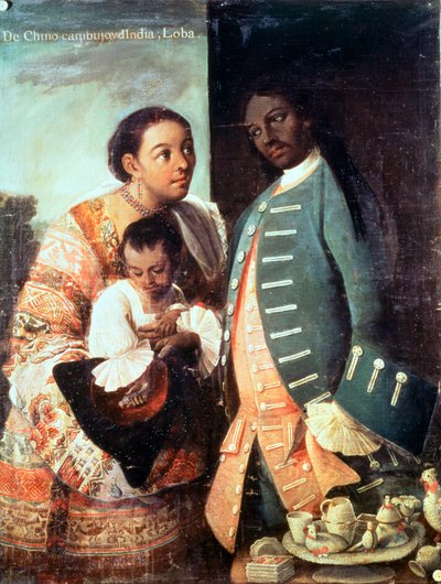 A Half-Breed and his Lobo Indian Wife and their Child, från en serie om blandrasäktenskap i Mexiko (olja på duk) av Mexican School