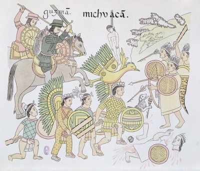 Slaget vid Michoacan mellan spanjorerna och aztekerna, illustration från en faksimil av en mexikansk indisk bildhistoria Lienzo de Tlaxcala ca 1550, 1892 av Mexican School