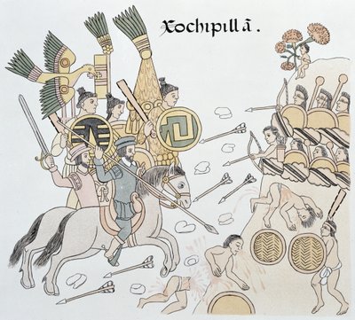 Slaget vid Xochipilla mellan spanjorerna och aztekerna, illustration från en faksimil av en mexikansk indisk bildhistoria Lienzo de Tlaxcala ca 1550, 1892 av Mexican School