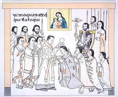 Caciques som tar emot nattvarden av en präst i Hernando Cortes hus (1485-1547), illustration från en faksimil av en mexikansk indisk bildhistoria Lienzo de Tlaxcala från ca 1550, 1892 (upplyst i färg av Mexican School