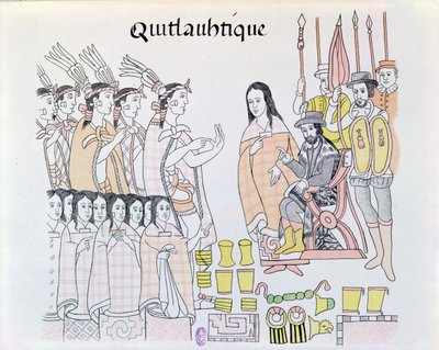 La Malinche (Dona Marina) som tolkar under presentationen av kvinnor och guld av Montezuma (1466-1520) till Hernando Cortes (1485-1547) illustration från en faksimil av en mexikansk indisk bild av Mexican School