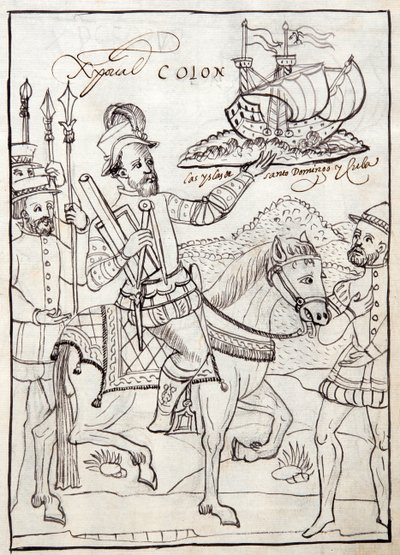 MS Hunter 242 f.247r Christopher Columbus, illustration från Historia de Tlaxcala av Diego Munoz Camargo av Mexican School