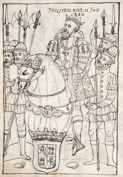 MS Hunter 242 f.249v Philip II sittande på hästryggen, iklädd det gyllene skinnet, omgiven av krigsmän, illustration från Historia de Tlaxcala av Diego Munoz Camargo (penna och bläck av Mexican School
