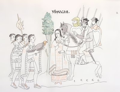 Möte mellan Hernando Cortes (1485-1547) och aztekerna, illustration från en faksimil av en mexikansk indisk bildhistoria Lienzo de Tlaxcala från ca 1550, 1892 av Mexican School