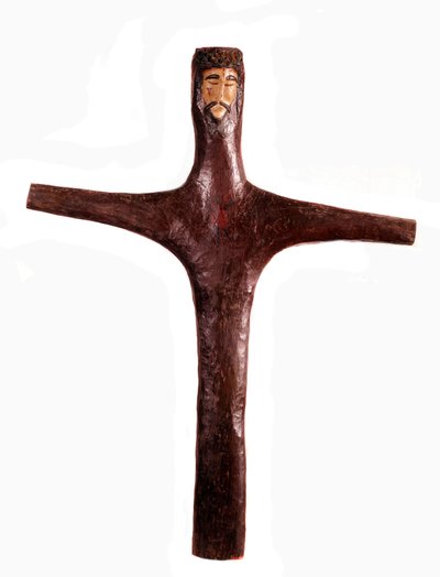 Mexikansk konst: polykromt träkors med Kristi huvud hugget i ett stycke. 1600-talets sön. 2x1,56 m Mexiko. Michoacans regionala museum av Mexican School
