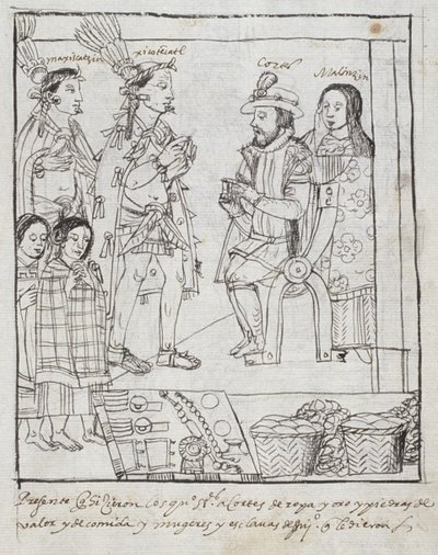 Montezuma möter Cortez Ms Hunter 242 f.255r Conquest of Mexico, från Historia de Tlaxcala av Diego Munoz Camargo av Mexican School