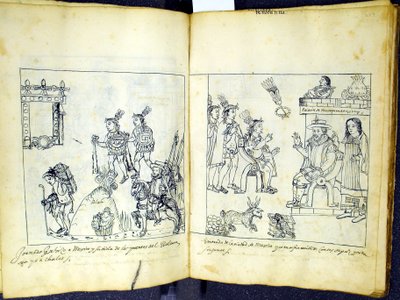 Ms Hunter 242 256v-257r Cortez och Montezuma, från Historia de Tlaxcala av Diego Munoz Camargo av Mexican School