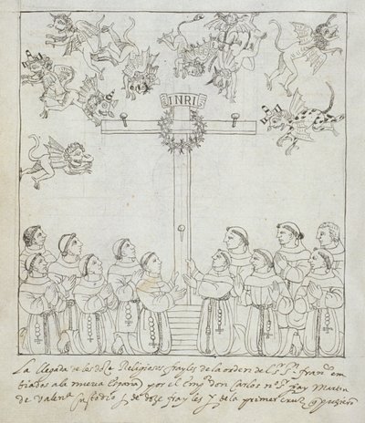 Ms Hunter 242 f.239v Uppförandet av det första korset, från Historia de Tlaxcala av Diego Munoz Camargo av Mexican School