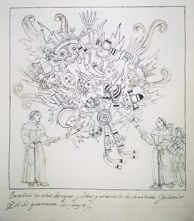 Ms Hunter 242 f.242r Franciskanerbröder som bränner traditionella böcker och kläder, från Historia de Tlaxcala av Diego Munoz Camargo av Mexican School