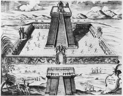 Templo Mayor i Tenochtitlan, från "Historia de Nueva Espana", 1770 av Mexican School