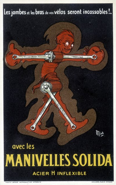 Reklam för Velo-vevar av massivt stål. Teckning av Mich (Michel Liebeaux av Mich