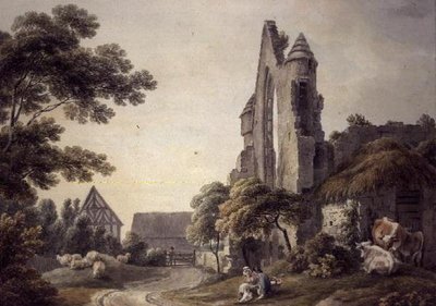Ett förstört kloster nära en bondgård (akvarell) av Michael Rooker