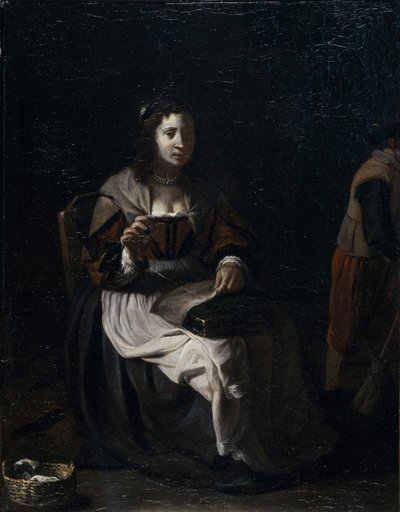 En kvinna som syr (olja på duk) av Michael (attr. to) Sweerts