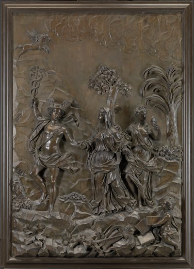 The Stowe Reliefs: Mercury Conducting Tragic and Comic Poetry to the Hill of Parnassus, c.1740 (bronsed limewood) av Michael (attr.to) Chuke
