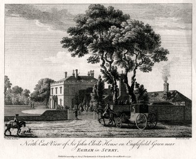 North East View of Sir John Elvils House på Englefield Green nära Egham i Surry, 1775 av Michael Angelo Rooker