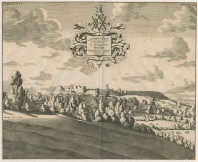 Tutbury Castle - Avlägsen vy: kopparplåtgravyr, nd [c 1686] av Michael Burghers