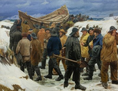 Livbåten körs genom sanddynerna. 1883 av Michael Peter Ancher