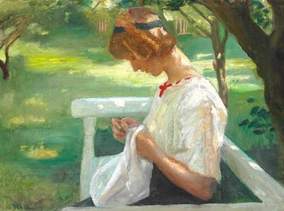 Ella Saxild syr i trädgården en sommardag. av Michael Peter Ancher