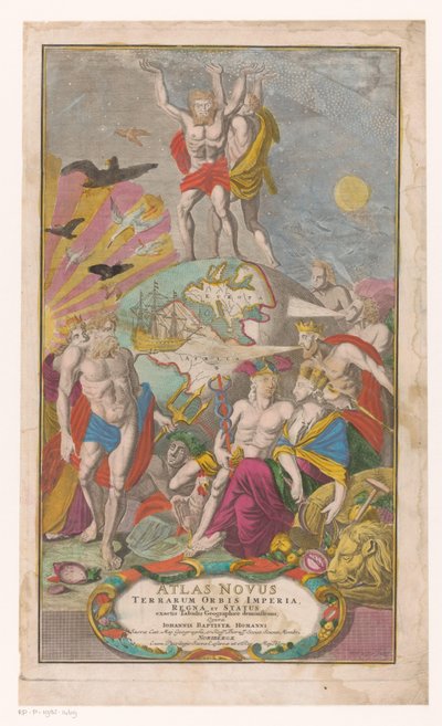 Atlas en Hercules bär sternerhemel Titelsida för: Johann Baptista Homann, Atlas Novus Terrarum Orbis Imperia, Regna et Status Exacte Tabulis Geographicè Demonstrants, 1729 av Michael Rössler