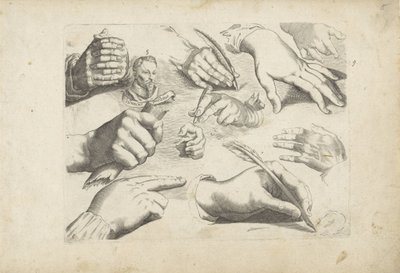 Studieblad med teckningsexempel: händer och porträtt av Hendrick Goltzius av Michael Snijders