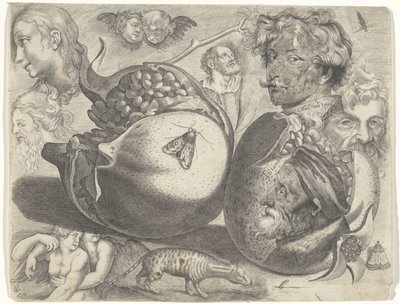 Studieblad med ritningsexempel: huvuden, figurer, frukter, djur Ritningsexempel (serietitel) av Michael Snijders