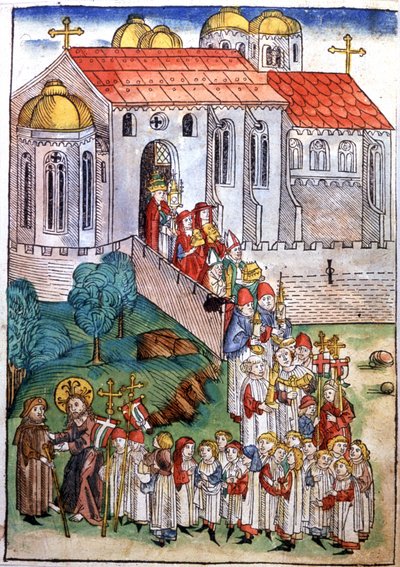 Pilgrimsfärd i Saint James of Compostelle, gravyr, sent 1400-tal av Michael Wohlgemuth
