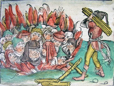 Bränning av judarna i Deggendorf 1338 från Schedels Chronicle of the World, 1493. av Michael Wolgemut