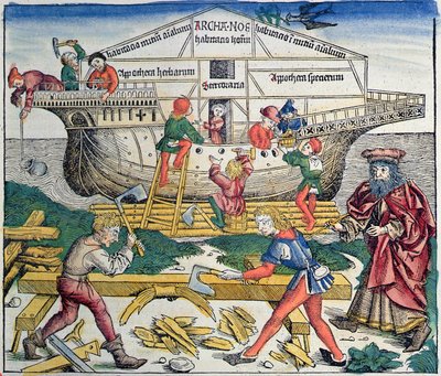 Byggandet av Noaks ark, ur Nürnbergkrönikan av Hartmann Schedel, 1493 (träsnitt i färg) av Michael Wolgemut