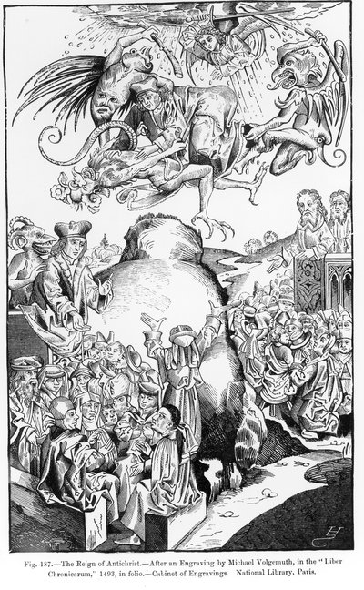 The Reign of Antichrist, från Liber Chronicarum, publicerad 1493, illustration från, Science and Literature in the Middle Ages and Renaissance, skriven och graverad av Paul Lacroix, 1878 (gravyr av Michael Wolgemut