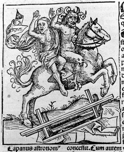 Djävulen och en häxa som går för sabbaten av Hartmann Schedel Liber chronicarum Nürnberg 1493 av Michael Wolgemut or Wolgemuth