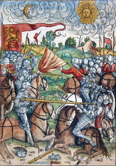 Slaget vid Gibeon och solen och månen som står stilla på begäran av Joshua, från "Le tresor, ou recipient de la vraie richesse du salut de la beatitude eternelle" av Koberger, publicerad i Nürnberg av Michael Wolgemut or Wolgemuth