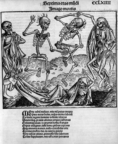 Makaber dansscen, med skelett, -i "" Chronicles of Nuremberg"" av Hartmann Schedel (1440-1514), redigerad i Nürnberg av Anton Koberger, 12 juli av Michael and Pleydenwurff W. (d.1494) Wolgemuth