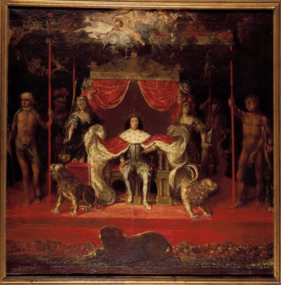 Porträtt av Christian V av Danmark 1646-1699 på tronen i Frederiksborgs slott. av Michael van Haven