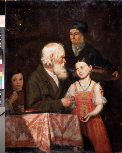 påsk. En gammal man ger ägg färgade röda till sitt barnbarn, mormodern tar med sig en traditionell påskbrioche. Målning av Michail Andreevich Mokhov (1819-1903), olja på duk av Michail Andreevich Mokhov