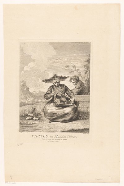 Man sitter med benen i kors med gurdy-gurdy Viosseu ou Musicien Chinois (titel på objekt) Serie av asiatiska scener från samlingen Château de la Muette (serietitel) Figures chinoises et tartares du château de la Muette (serietitel) av Michel Aubert