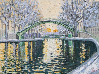 Canal Saint Martin en Hiver, 2003 (olja på pannå) av Michel Bultet