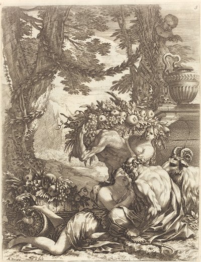 Faun som omfamnar en Bacchante av Michel Dorigny