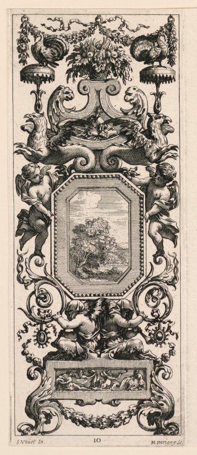 Prydnadspanel med en korg med blommor och en krans, skylt 10 från Book of Diverse Grotesques målad i Reyne Regentes kabinett och bad, vid Kungliga slottet av Michel Dorigny