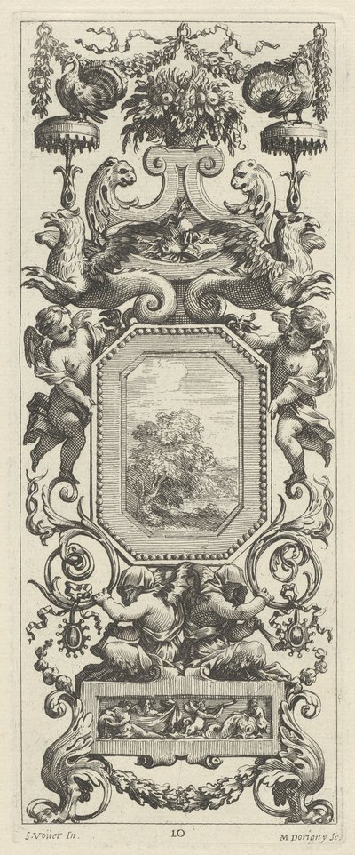 Prydnadspanel med en korg med blommor och en krans av Michel Dorigny, after Simon Vouet