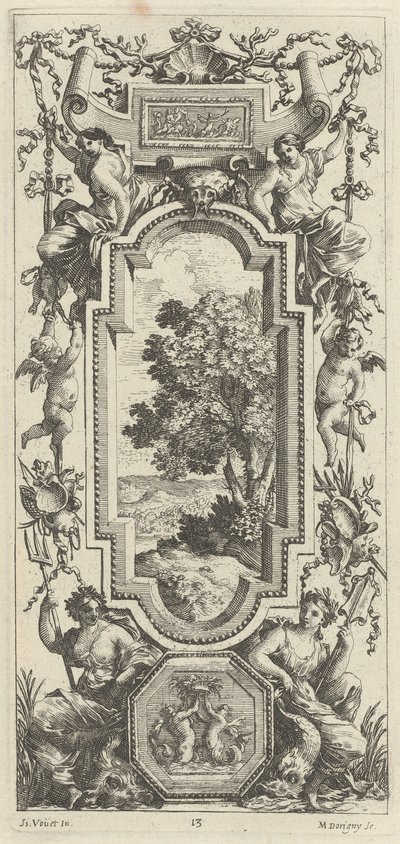 Prydnadspanel med en maritim scen och ett skal av Michel Dorigny, after Simon Vouet