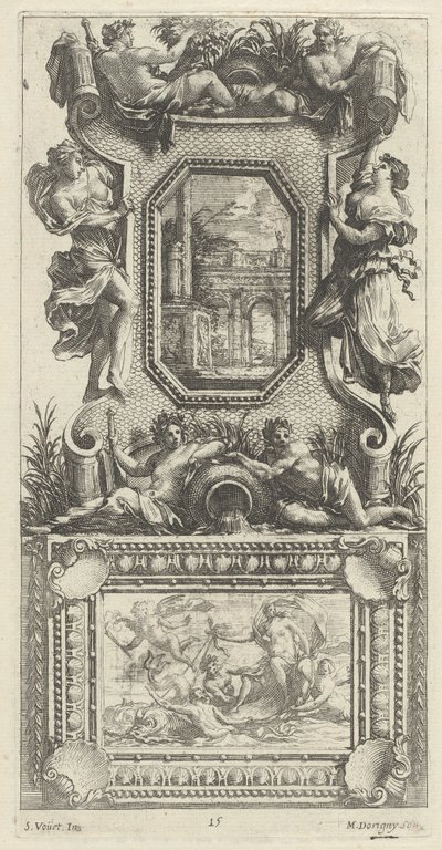 Prydnadspanel med en Naiad och en flodgud av Michel Dorigny, after Simon Vouet