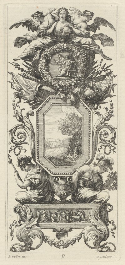 Prydnadspanel med två figurer som lutar sig mot bysten av en kvinna av Michel Dorigny, after Simon Vouet