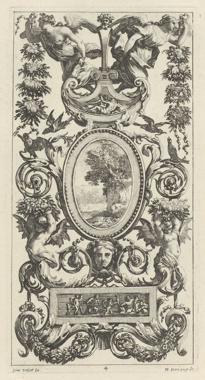Prydnadspanel med panna och två kransbärande kvinnor av Michel Dorigny, after Simon Vouet