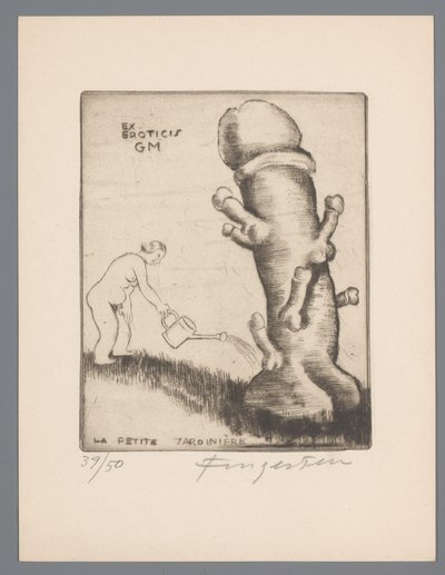 Ex libris av Gianni Mantero Ex eroticis GM (titel på objekt) La petite jardinière (titel på objekt) av Michel Fingesten (signed by artist)