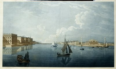 Börsen och Marmorpalatset i Sankt Petersburg. Beskrivning av Nevas stränder. Verk av Michel Francois Damam Demartrait (1763-1827), litografi, miljö av Michel Francois Damam-Demartrait